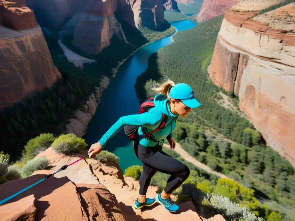 Equilibrio extremo: Highliner en cañón soleado Un alto caminante cruza un estrecho cañón en un día soleado y vibrante, destacando la importancia de la nutrición deportiva para el highline