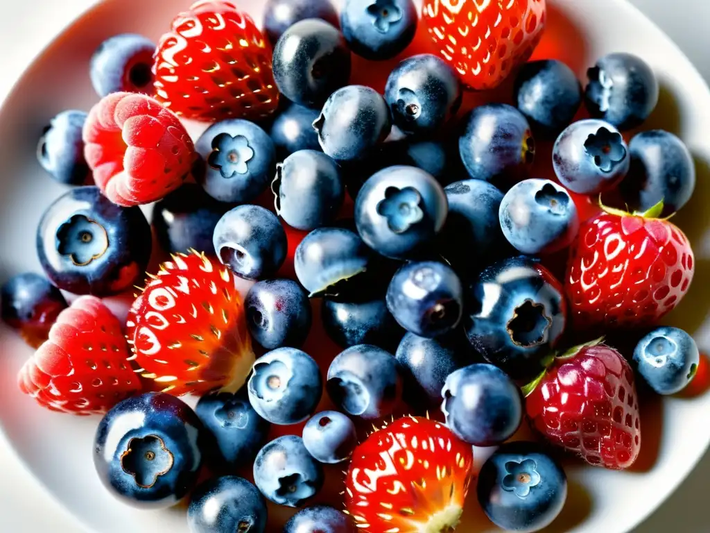 Deliciosas bayas frescas en un plato blanco Un arreglo exquisito de frutas vibrantes y jugosas, como arándanos, frambuesas y fresas, en un plato blanco moderno