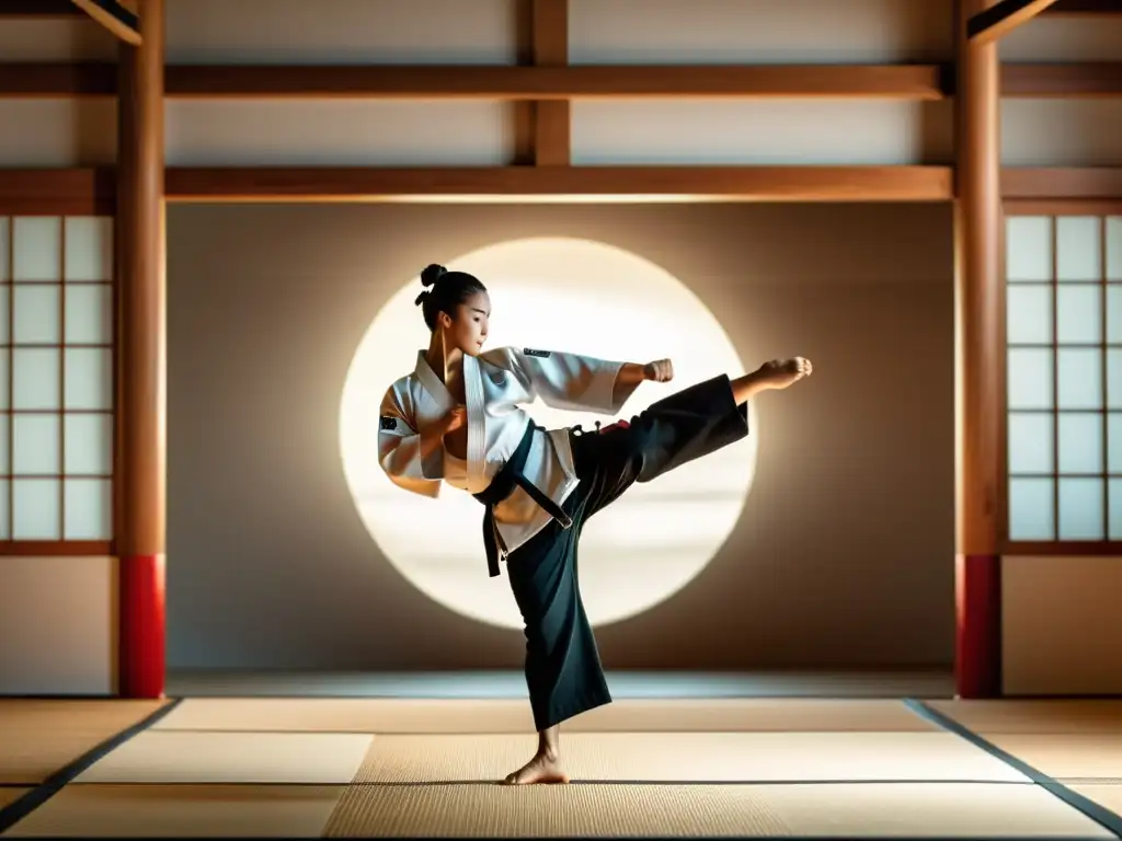 Patada explosiva: la fuerza y precisión del karate en alta resolución Un artista marcial ejecuta una patada poderosa en un dojo moderno, transmitiendo dedicación y energía para los planes de comidas para karate