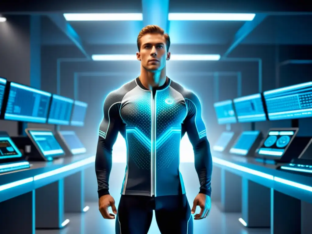 Atleta de alto rendimiento en laboratorio futurista Un atleta de alto rendimiento en un laboratorio futurista rodeado de tecnología avanzada, mostrando determinación y fuerza