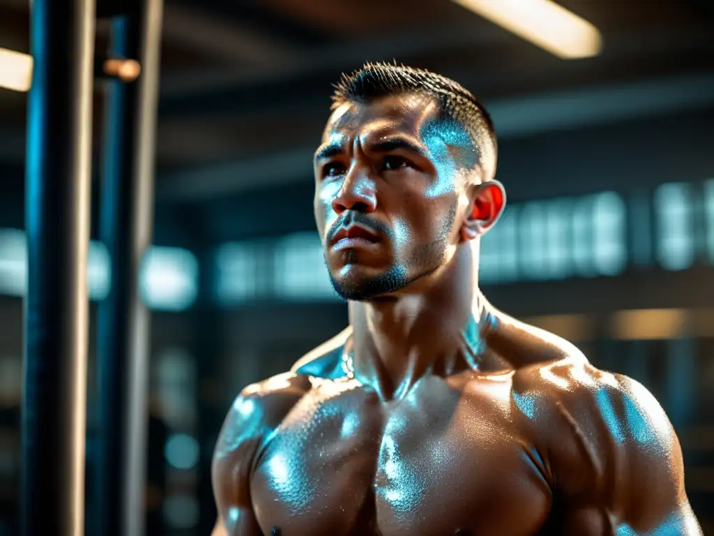 Esencia de determinación: retrato en gimnasio de artes marciales Un atleta de artes marciales desbordando determinación en un gimnasio atmosférico