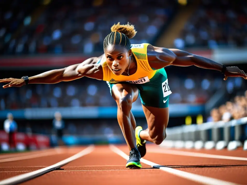 Atleta de élite en acción: potencia y determinación Un atleta de atletismo en plena zancada, mostrando determinación y fuerza