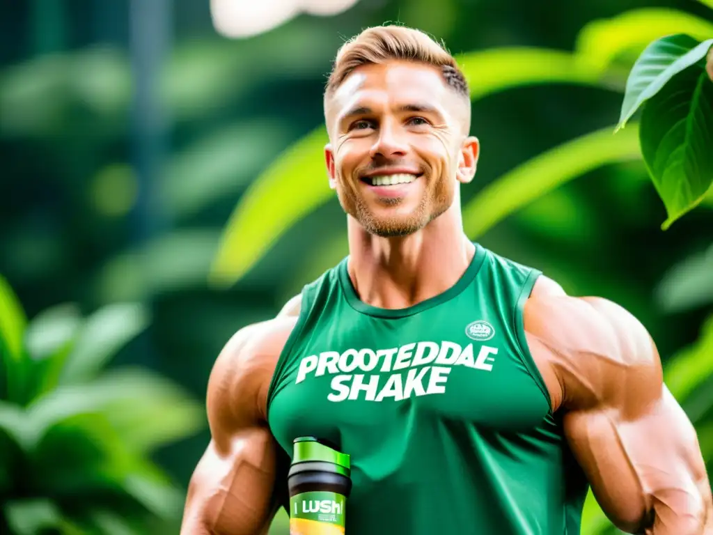 Atleta sostenible: Musculoso con batido ecofriendly Un atleta sosteniendo un batido de proteínas biodegradable en un entorno verde, transmitiendo determinación y cuidado por el medio ambiente