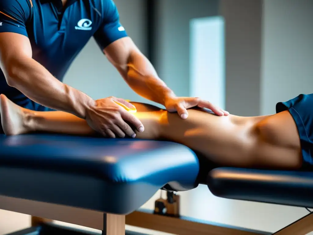 Aplicación de Gel de Recuperación en Atleta de Élite Un atleta descansa en una camilla mientras un terapeuta aplica gel electrolítico en sus piernas