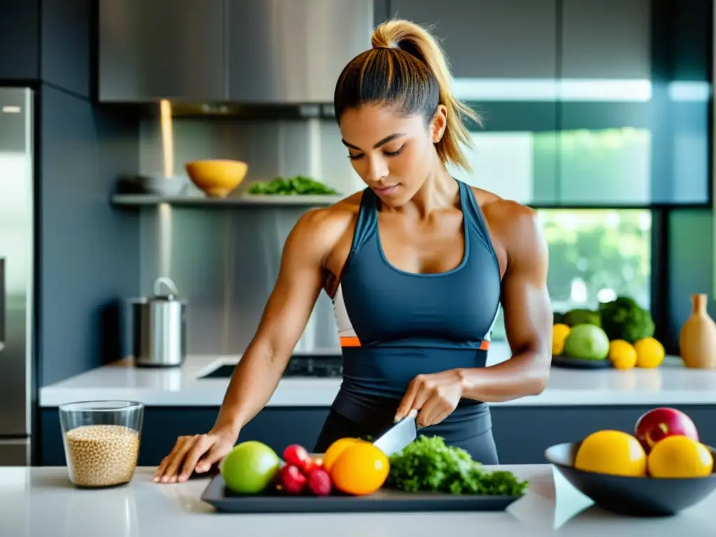 Una atleta preparando una comida balanceada en una cocina moderna, con claves de nutrición deportiva para un rendimiento saludable