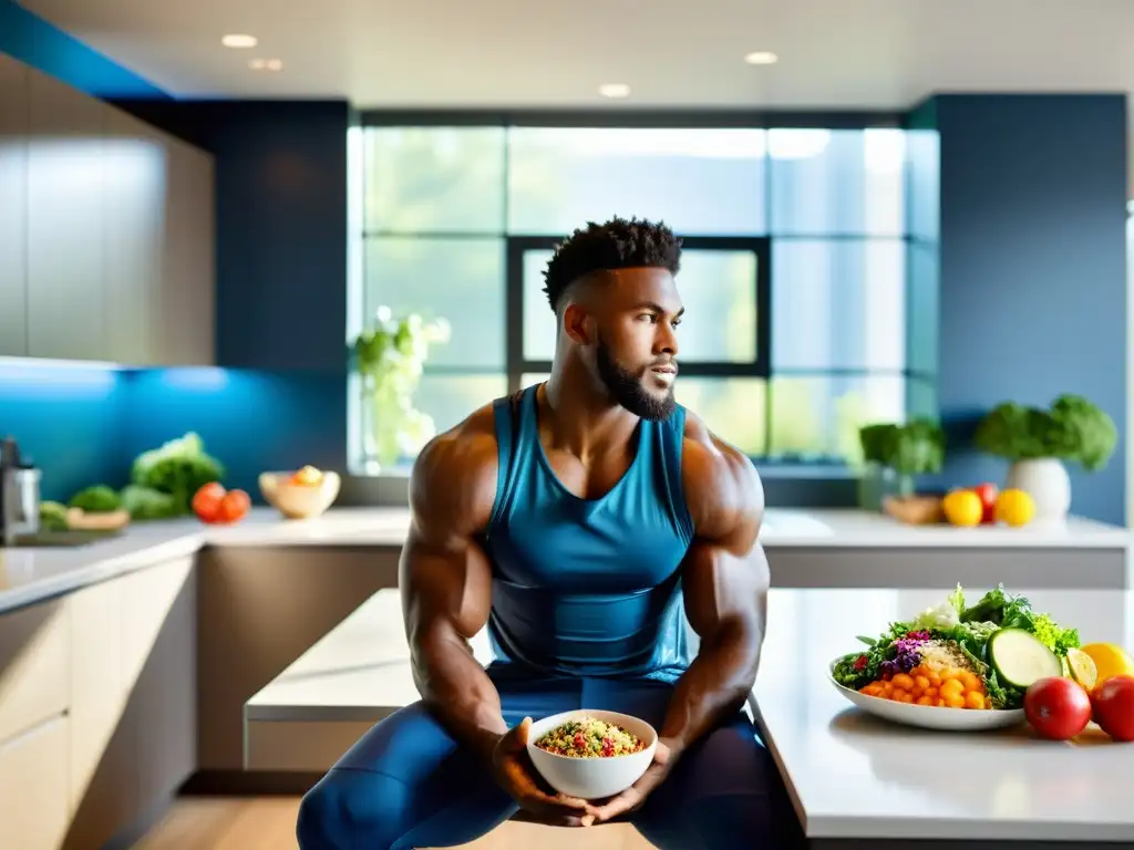 Atleta disfrutando de comida saludable en cocina moderna Un atleta disfruta de comidas esenciales para competición deportiva en una cocina moderna y saludable, irradiando vitalidad y energía
