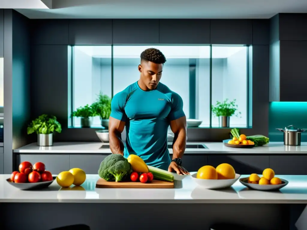 Preparación meticulosa: atleta enfocado en su cocina futurista Un atleta concentrado prepara meticulosamente una comida en una cocina futurista, destacando la ortorexia en atletas guía