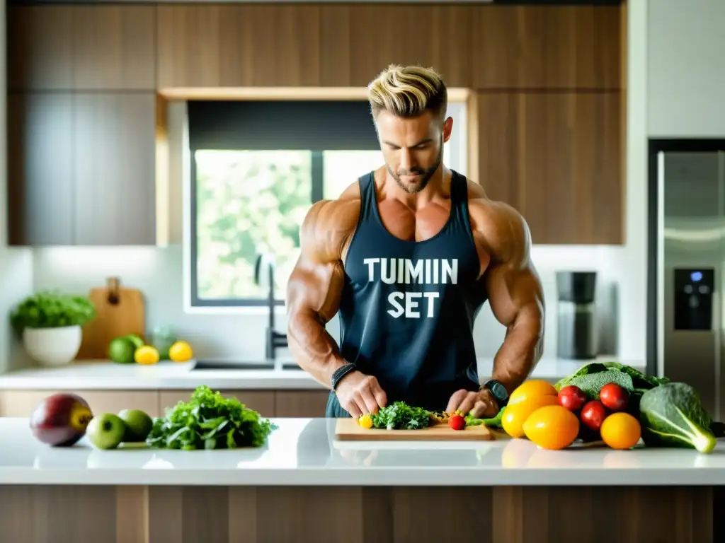 Preparación de Nutrición Optima para Crossfit Un atleta de crossfit prepara meticulosamente una comida llena de las mejores vitaminas y minerales en una cocina moderna y luminosa