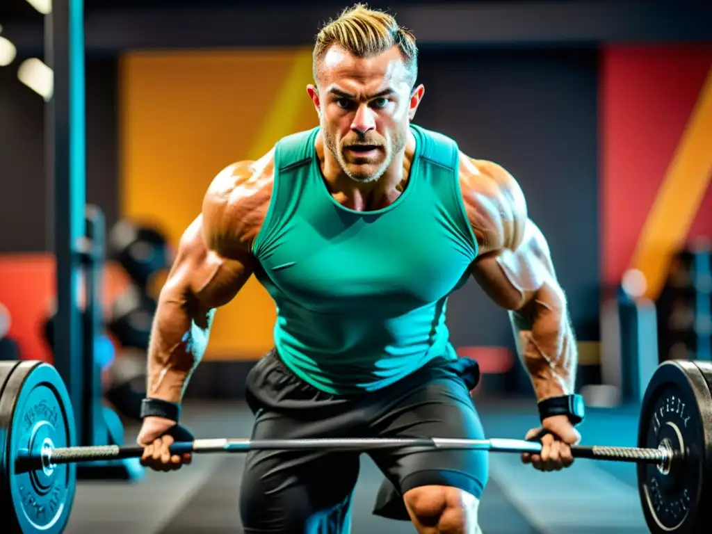 Intensidad y determinación: atleta de crossfit superando límites Un atleta de Crossfit concentrado y determinado, rodeado de equipos modernos en un gimnasio vibrante