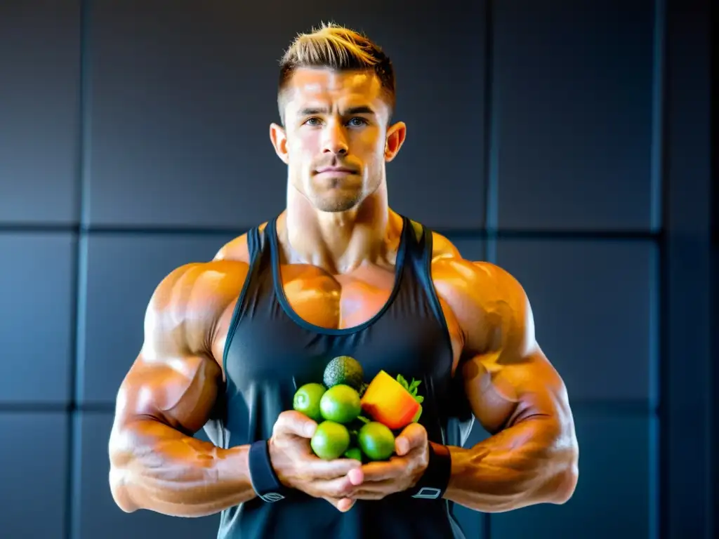 Atleta de Crossfit con frutas y verduras: vitalidad y determinación Un atleta de Crossfit sostiene frutas y verduras frescas con determinación en un gimnasio moderno