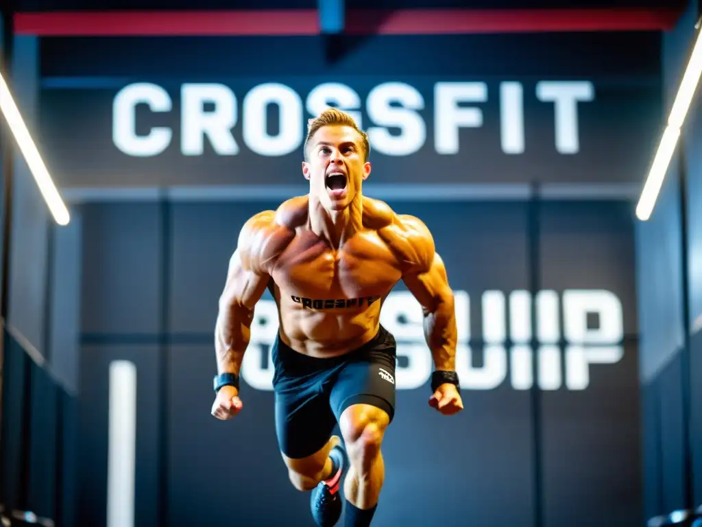Atleta de crossfit en salto box con determinación y sudor Un atleta de crossfit salta en una imagen detallada, con músculos tensos y determinación en los ojos