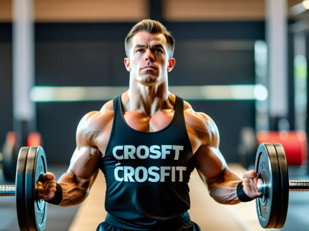 Levantamiento limpio y jerk: Atleta de Crossfit en acción Un atleta de Crossfit levanta pesas con concentración en un gimnasio moderno
