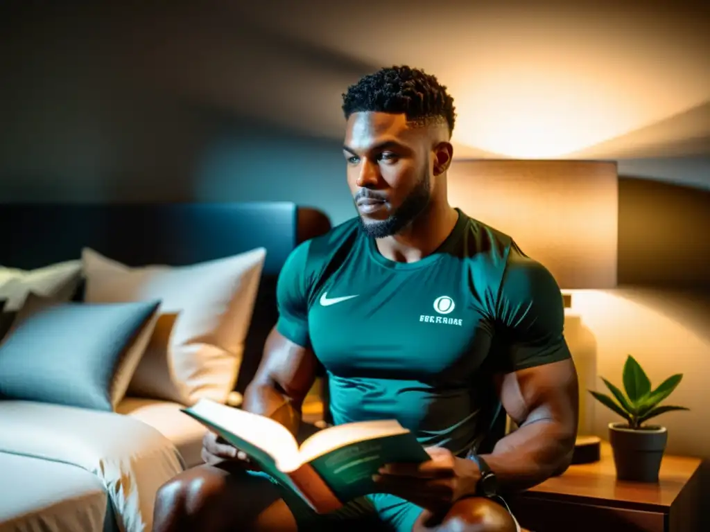 Un atleta leyendo sobre nutrición deportiva para vencer insomnio en su habitación tranquila y enfocada