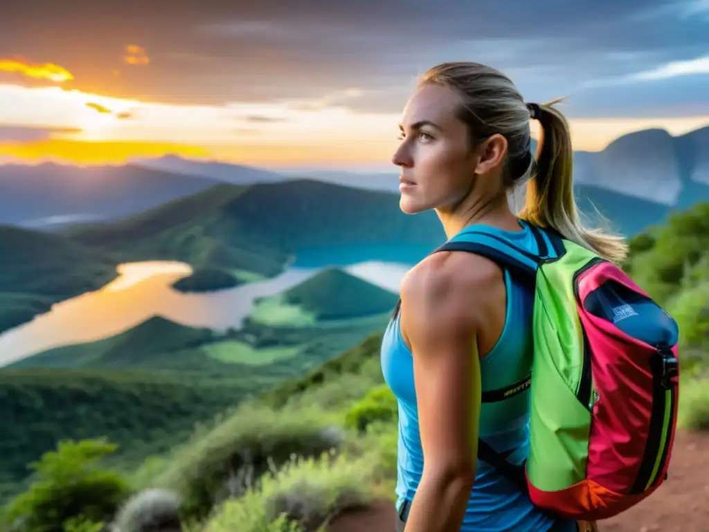 Atleta determinada en la montaña al atardecer Una atleta determinada en un sendero de montaña al atardecer, resaltando la importancia de la hidratación y energía durante el entrenamiento
