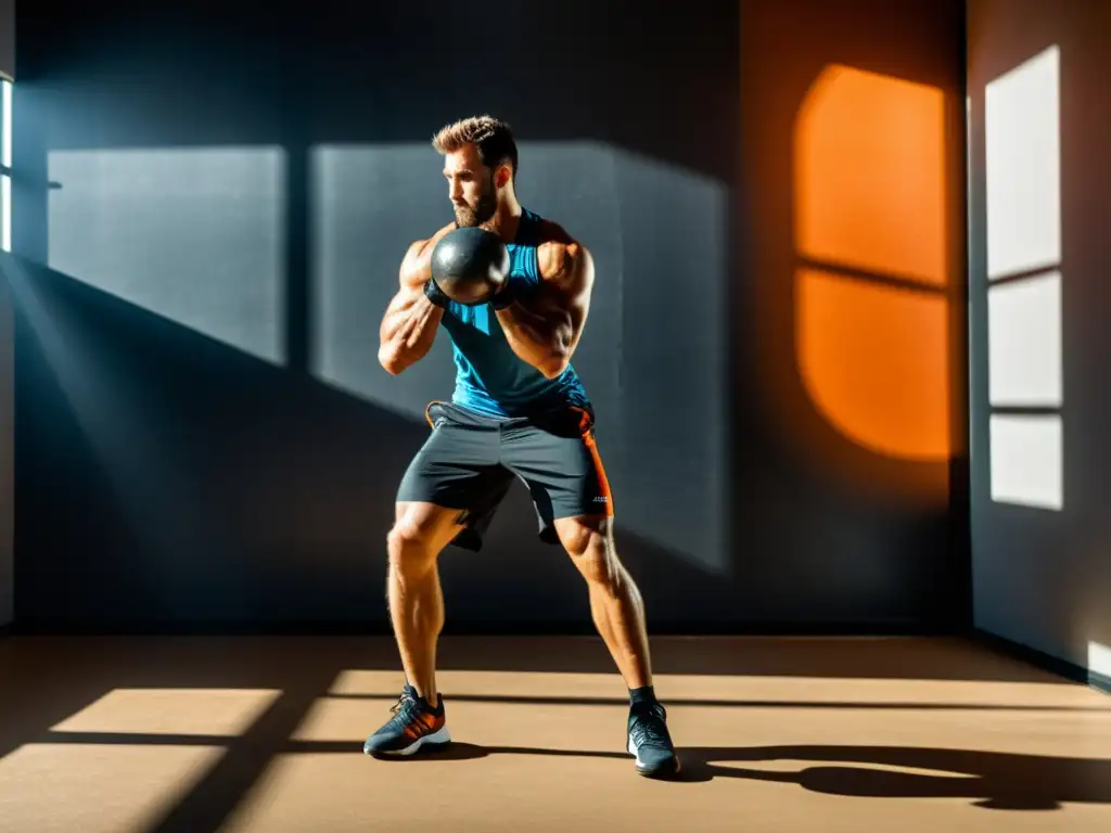 Potente swing de kettlebell con determinación y fuerza Un atleta determinado realiza un swing con pesas rusas en un gimnasio moderno, mostrando fuerza y determinación