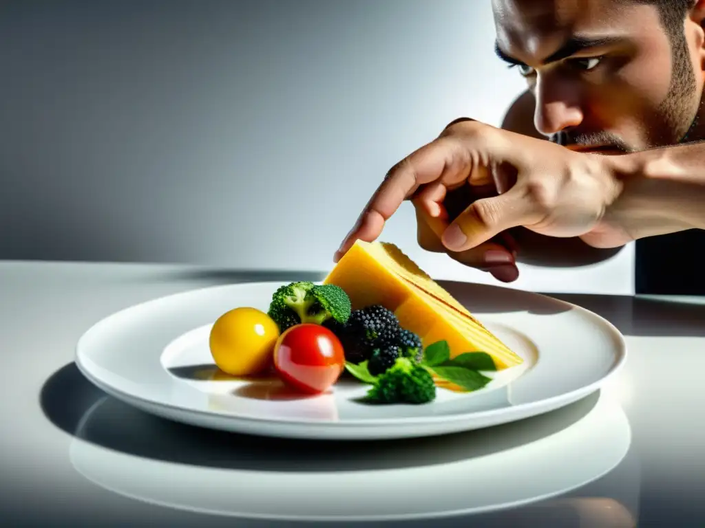 Inspección meticulosa de alimentos por atleta focalizado Un atleta enfocado inspecciona con atención una variedad de alimentos en un elegante plato blanco, capturando la ortorexia en atletas guía