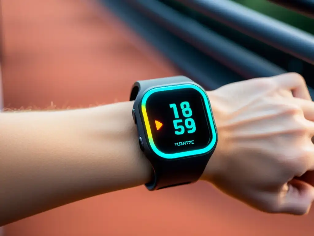 Rastreador de hidratación: innovación y poder Un atleta enfocado muestra su moderno dispositivo para mejorar hidratación durante ejercicio, con un entorno futurista de gimnasio de fondo