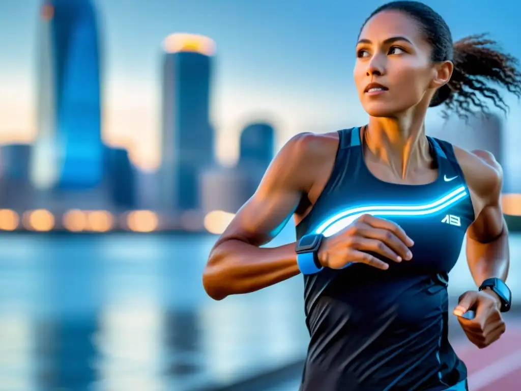 Atleta de élite con sensor de tecnología avanzada corriendo en la ciudad Un atleta enfocado usa un sensor de tecnología avanzada en la muñeca mientras corre