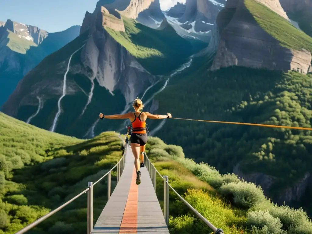 Equilibrio extremo: Atleta de highline en paisaje impresionante Un atleta de highline en equilibrio sobre la montaña, destacando su fuerza física y concentración