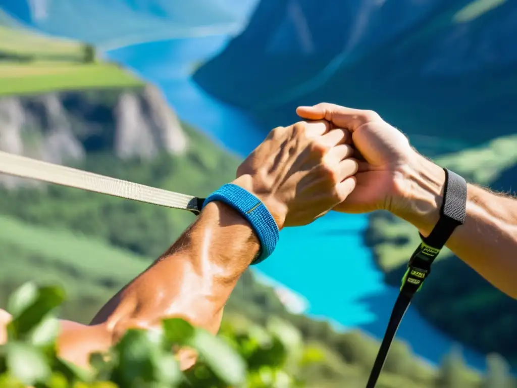 Equilibrio extremo sobre el abismo: manos firmes en slackline Un atleta de highline muestra concentración y equilibrio sobre un valle montañoso