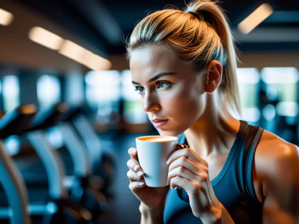 Atleta femenina profesional se prepara con café antes del entrenamiento Una atleta femenina profesional en un gimnasio moderno, tomando un espresso con determinación antes de entrenar