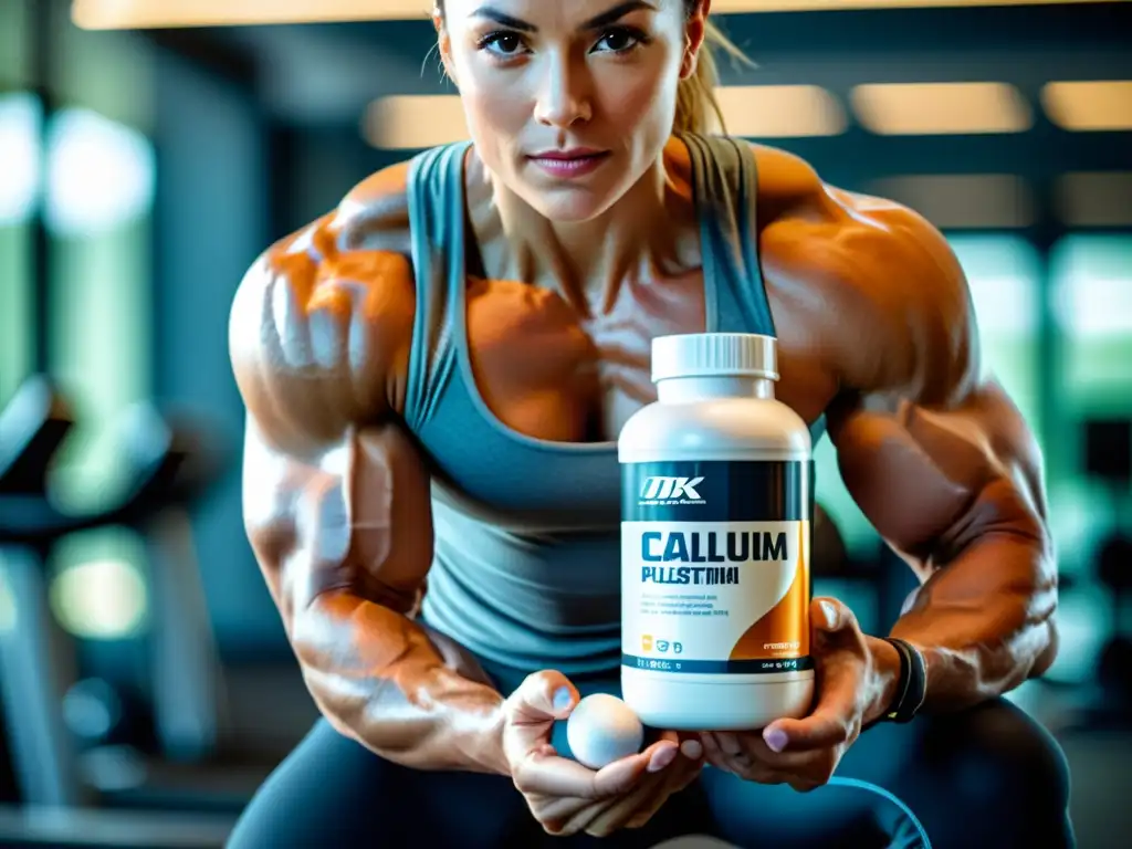 Atleta fuerte: promoviendo la salud muscular con calcio Una atleta fuerte y determinada muestra sus músculos tonificados mientras sostiene suplementos de calcio
