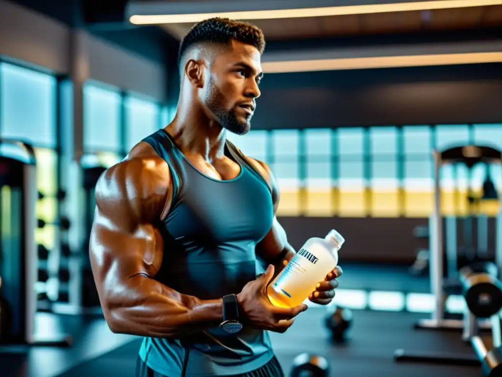 Atleta de élite: entrenamiento intenso con glutamina Un atleta en un gimnasio moderno, con glutamina para recuperación muscular, en una sesión de entrenamiento intensa y enfocada