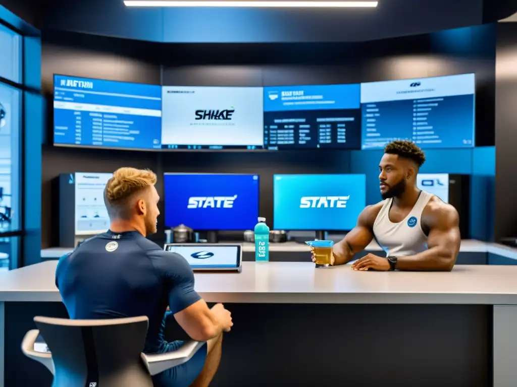 Imagen detallada de atleta en laboratorio de nutrición deportiva, optimizando recuperación Un atleta en un laboratorio de nutrición deportiva para recuperación postentrenamiento, rodeado de expertos y tecnología de vanguardia