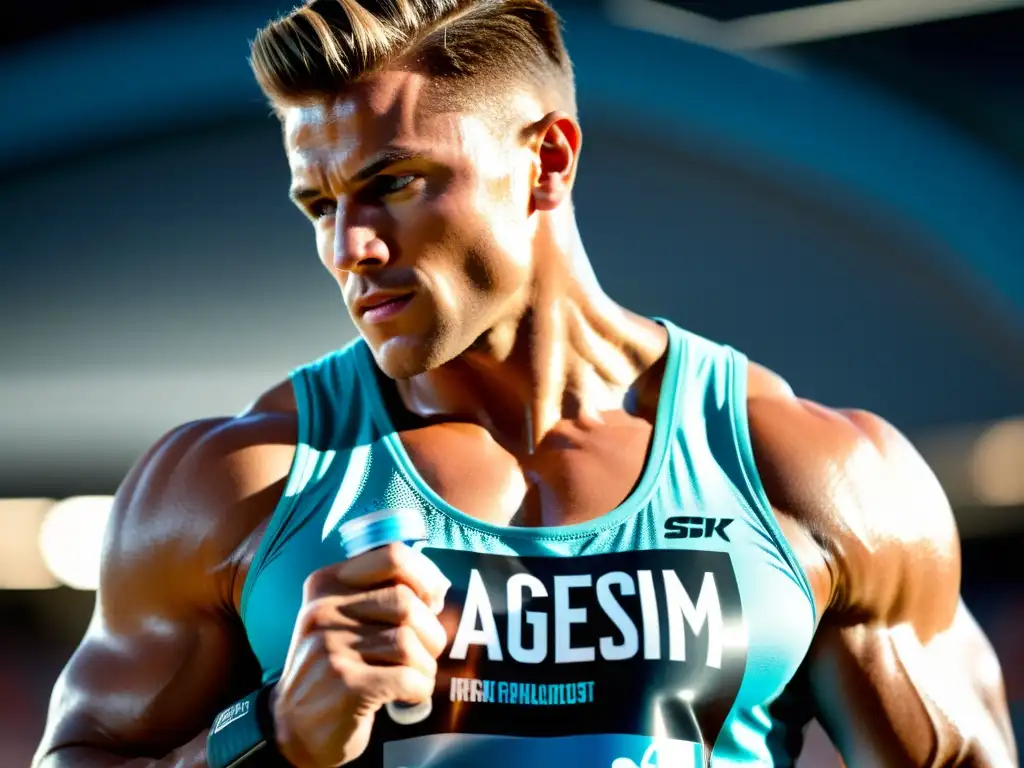 Un atleta muscular en acción, con expresión intensa y sudor reluciente, resalta los beneficios del magnesio en deportistas