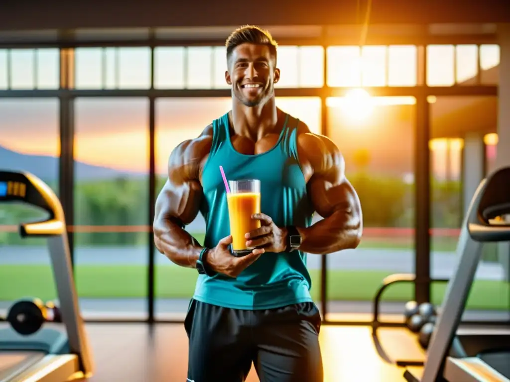 Atleta saludable disfruta smoothie antioxidante en gimnasio moderno Un atleta musculoso disfruta de un batido antioxidante en un gimnasio moderno, bañado por una cálida luz dorada, transmitiendo vitalidad y los beneficios antioxidantes en el entrenamiento deportivo