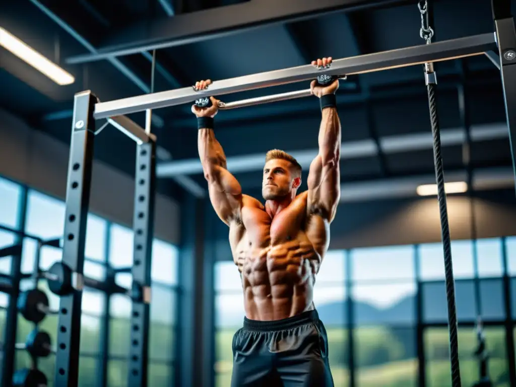 Musculatura en acción: atleta realiza pullup perfecta en moderno gimnasio Un atleta musculoso realiza una dominada perfecta en una moderna barra de dominadas