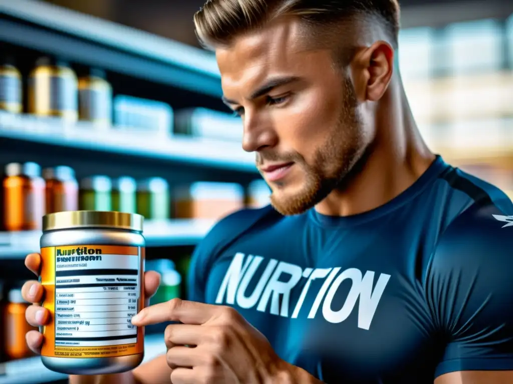 Un atleta musculoso lee detenidamente la etiqueta nutricional de un suplemento deportivo, resaltando la importancia de leer etiquetas alimenticias en nutrición deportiva