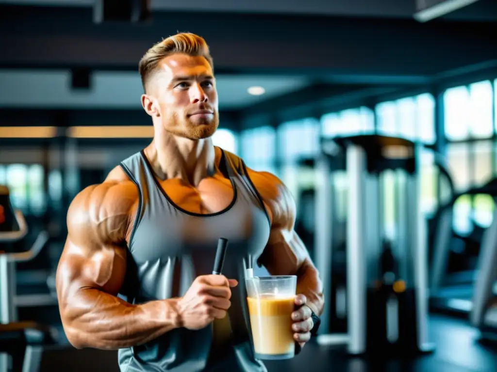 Atleta determinado en gimnasio moderno tomando batido postentrenamiento Un atleta musculoso en el gimnasio, consumiendo un batido post-entrenamiento