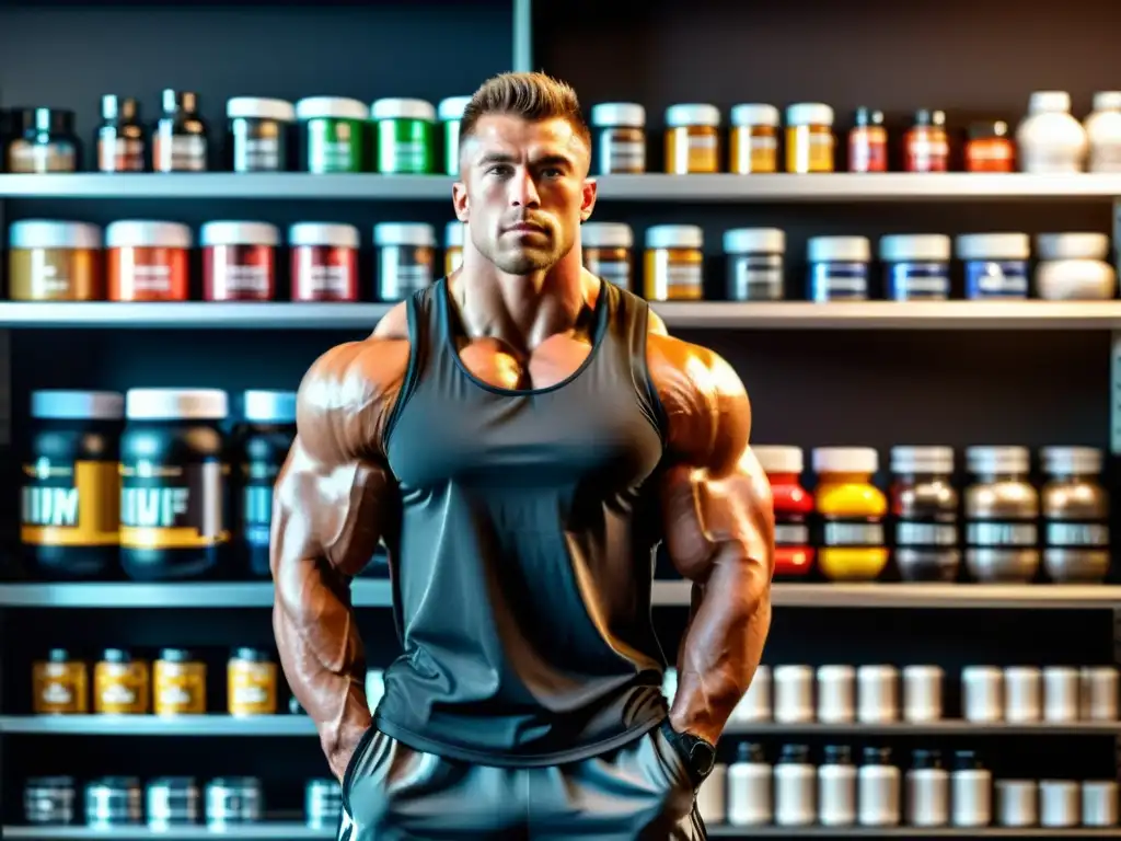 Atleta determinado rodeado de suplementos en gimnasio Un atleta musculoso en un gimnasio rodeado de suplementos deportivos, irradiando determinación y motivación