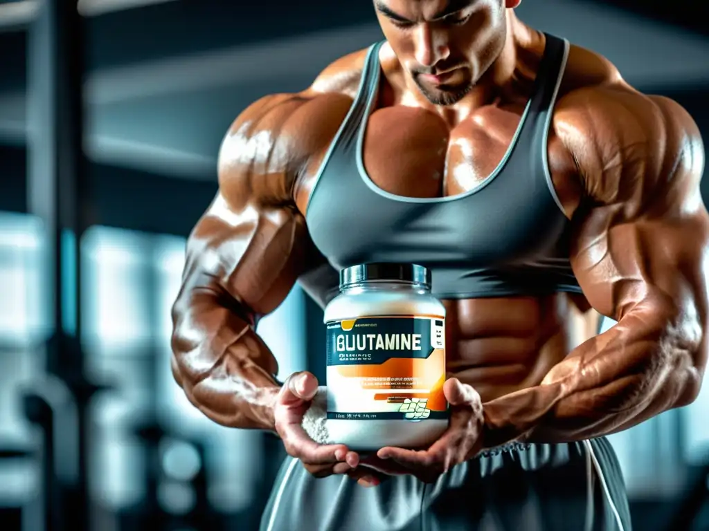 Musculatura definida: atleta vierte glutamina Un atleta musculoso vierte glutamina en una botella en un gimnasio moderno