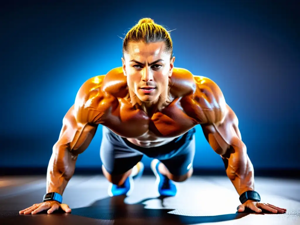 Musculatura dinámica: atleta sudoroso en entrenamiento intenso Un atleta musculoso se estira durante un intenso entrenamiento, destacando los beneficios del colágeno para la recuperación de los tejidos conectivos