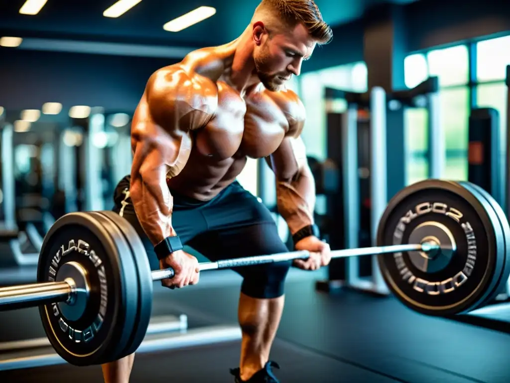 Atleta musculoso levantando pesas en gimnasio moderno y elegante Un atleta musculoso levanta pesas en un gimnasio moderno y elegante, resaltando la intensidad y dedicación del entrenamiento de fuerza