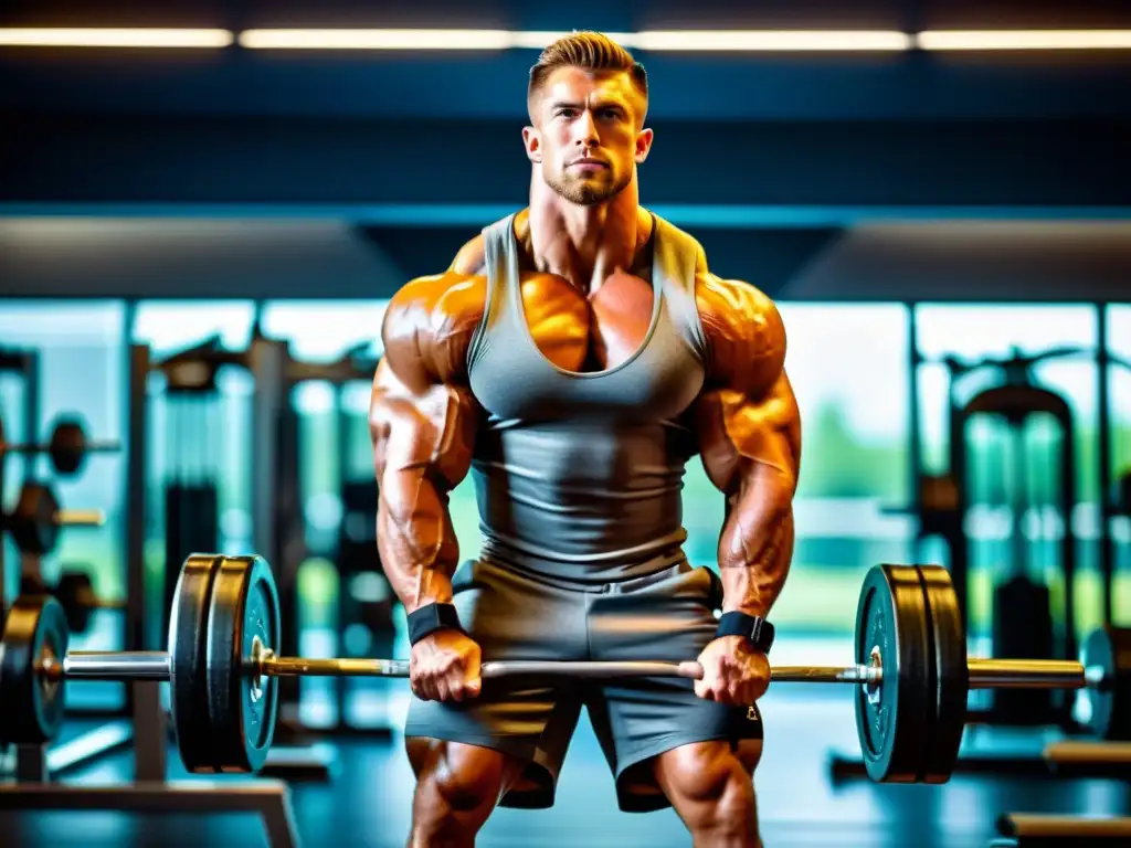 Atleta en el gimnasio: determinación y fuerza en acción Un atleta musculoso se concentra en levantar pesas en un gimnasio moderno, mostrando determinación y fuerza