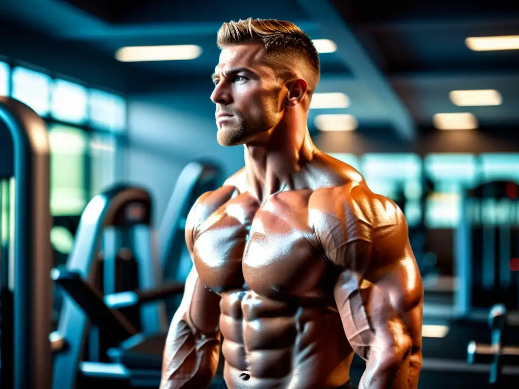 Atleta en acción: Intensidad y determinación en el gimnasio Un atleta musculoso levanta pesas en un gimnasio moderno, con equipo de alta tecnología