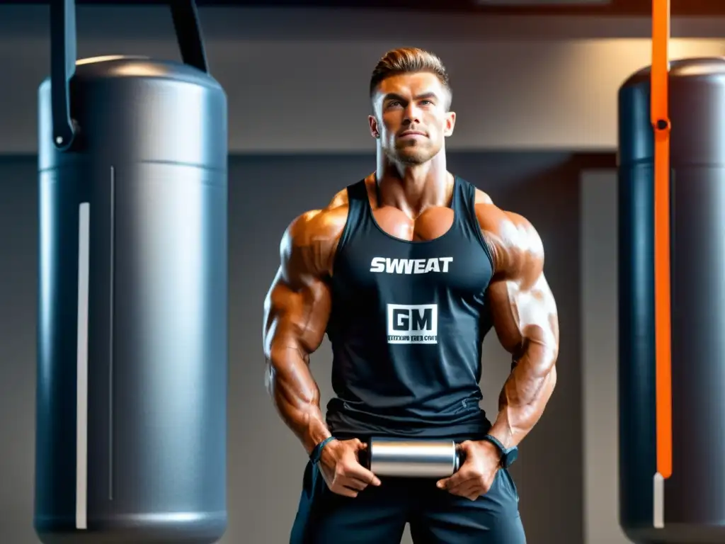 Atleta musculoso en entrenamiento intenso con suplementos profesionales Un atleta musculoso en pleno entrenamiento de crossfit, rodeado de modernos suplementos para mejorar resistencia