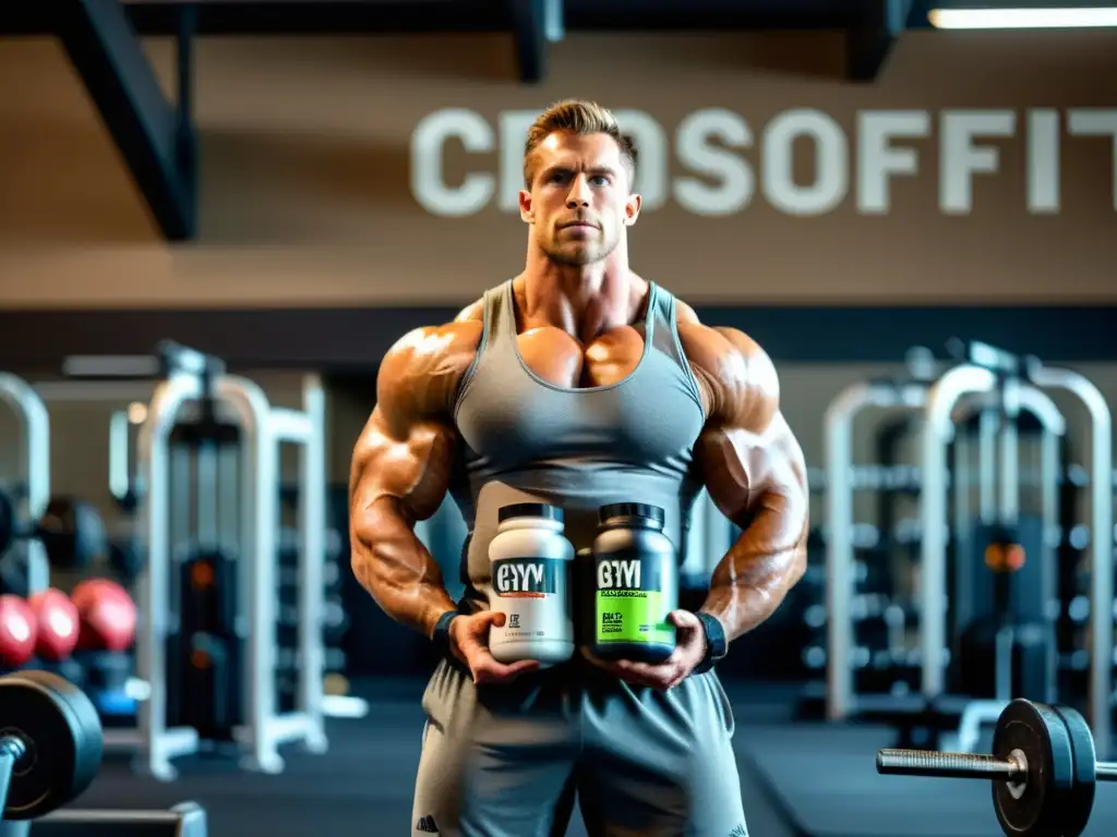 Atleta de Crossfit en acción rodeado de suplementos de alta gama Un atleta musculoso en pleno entrenamiento rodeado de suplementos para mejorar resistencia en Crossfit, con una determinación palpable