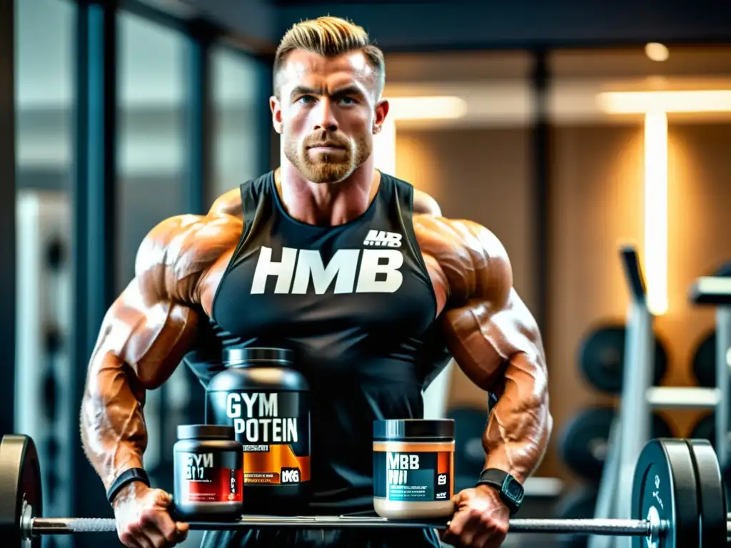 Atleta musculoso en gimnasio moderno con suplementos HMB Un atleta musculoso, rodeado de suplementos HMB, se esfuerza en un moderno gimnasio