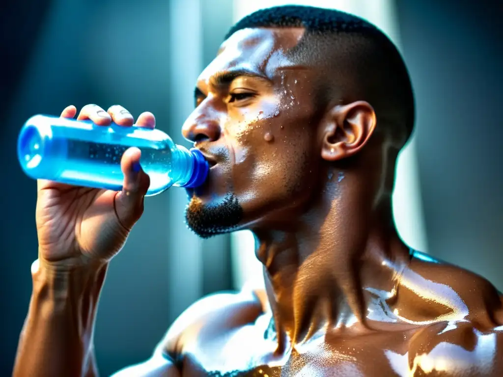 Atleta determinado hidratándose con intensidad Un atleta musculoso se hidrata con determinación