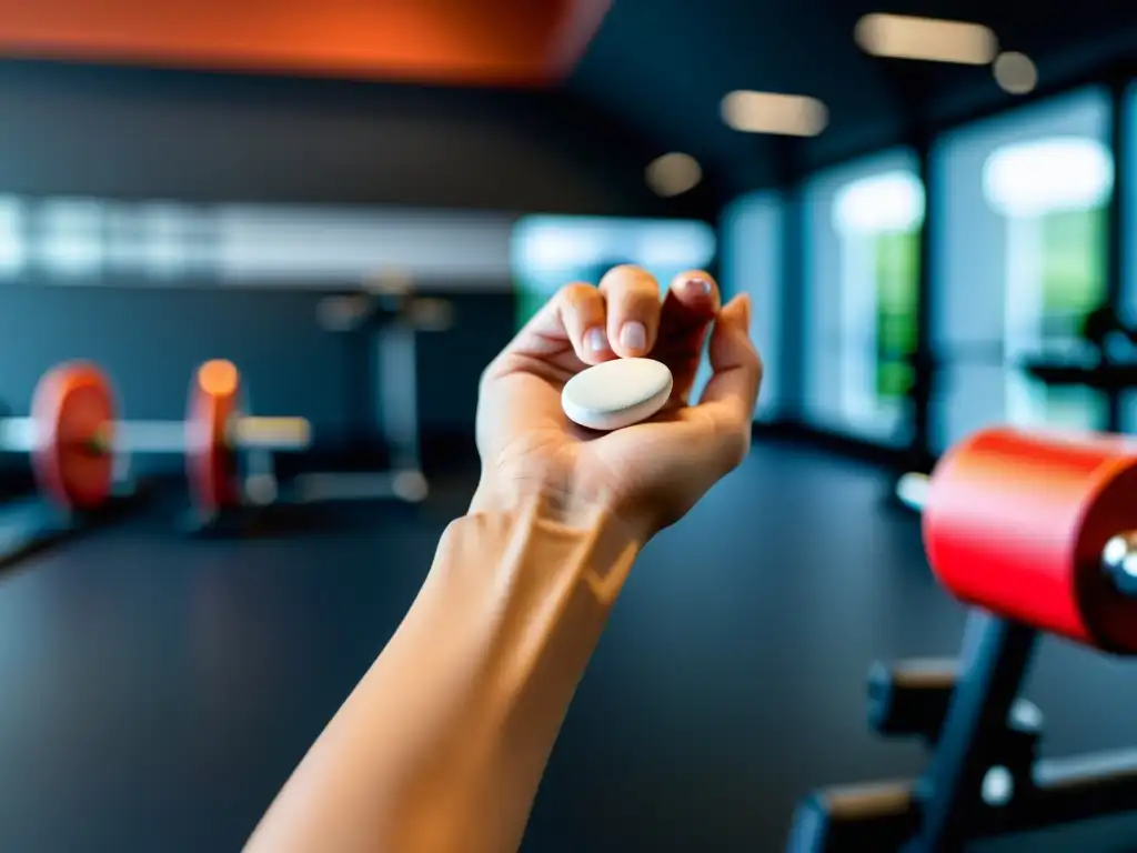 Suplemento de calcio: poder femenino en el gimnasio Una atleta sostiene una pastilla de calcio en un gimnasio moderno, transmitiendo determinación y fuerza