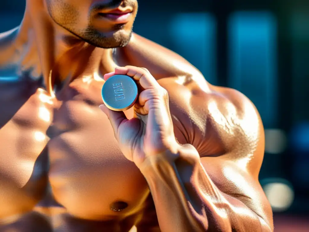 El atleta sostiene una pastilla de magnesio con determinación, resaltando los beneficios del magnesio en deportistas