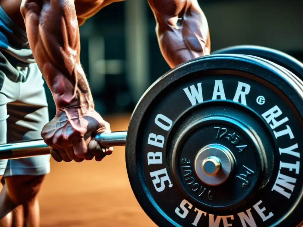 Musculatura poderosa con creatina monohidratada Un atleta levanta una pesada barra con determinación, destacando los beneficios de la creatina monohidrato en el rendimiento deportivo