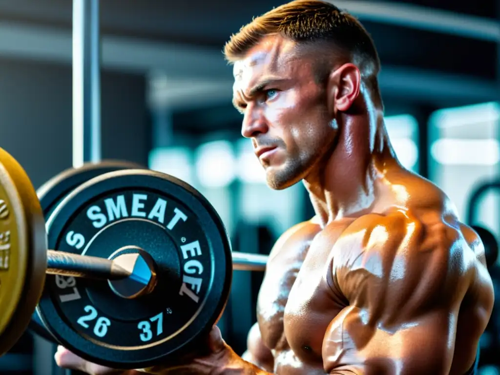 Atleta de alta competición levantando pesas con determinación Un atleta levanta pesas con intensidad, la creatina monohidrato potencia su rendimiento deportivo
