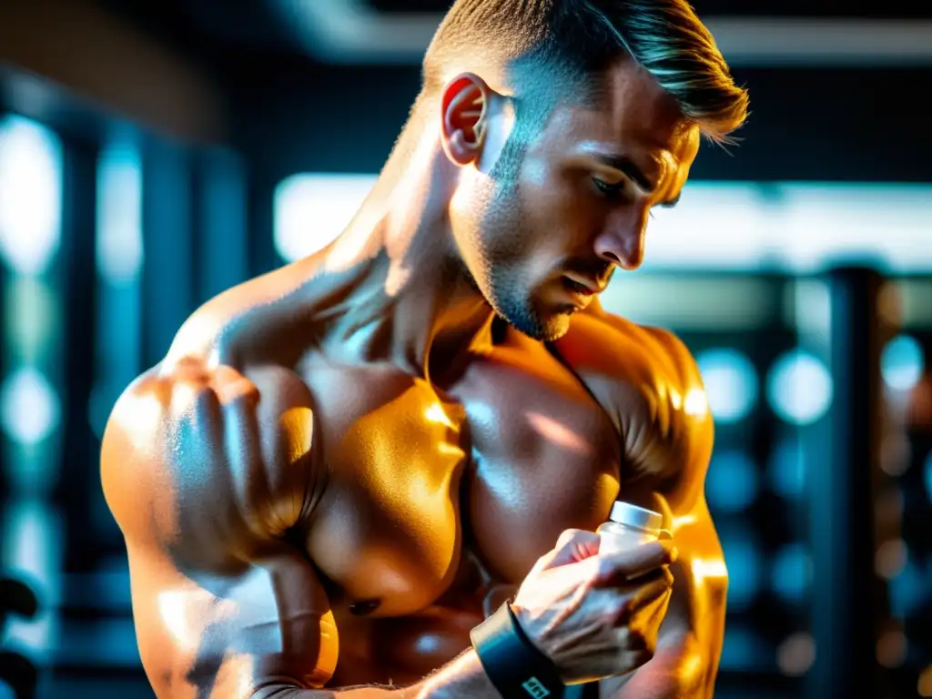 Atleta de élite aplicando aceite de vitamina E antes del entrenamiento Un atleta profesional aplica aceite de vitamina E en sus músculos antes del entrenamiento, destacando la importancia de la vitamina E en la prevención de lesiones deportivas