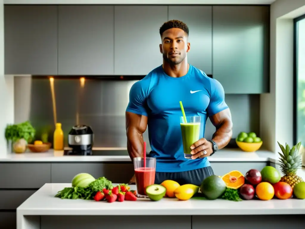 Atleta profesional prepara smoothie en cocina moderna Un atleta profesional preparando alimentos para mejorar concentración deportiva en una cocina moderna y llena de vitalidad
