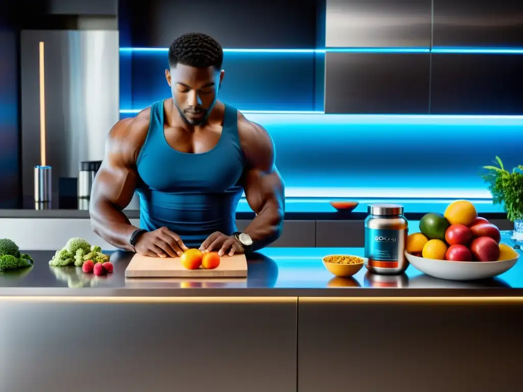 Nutrición deportiva de vanguardia: Precisión y dedicación Un atleta profesional mide con precisión alimentos nutritivos en una cocina futurista, resaltando nutrición deportiva avanzada y nutrigenómica